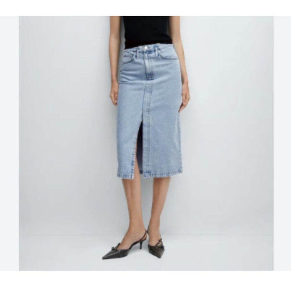 Mango Light Blue Denim Midi Skirt with Front Slit